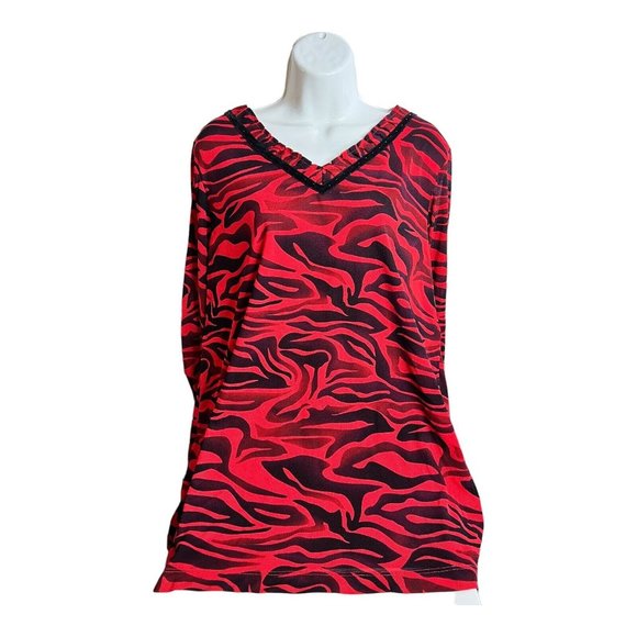 Dana Buchman Women's Long Sleeve Top 1X Red Black Tiger Animal Print V Neck - Picture 8 of 11